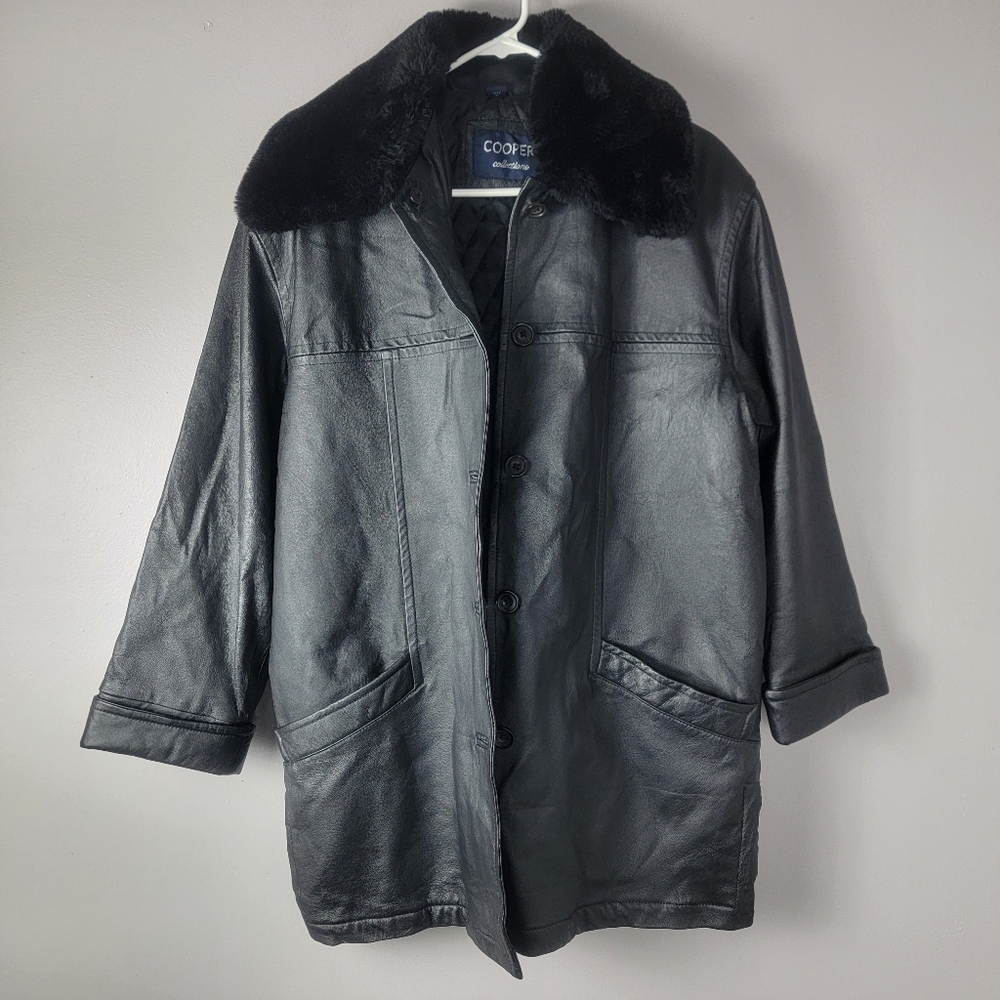 Cooper Collections Jacket Black Leather Faux Fur Collar Buttons Quilt Lined Sz M